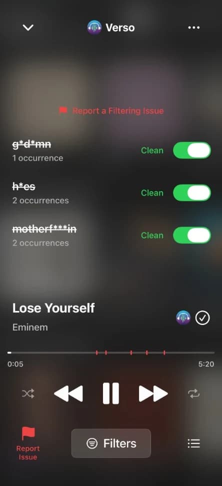 Verso app with custom word filters and marked lyric moments on a song timeline
