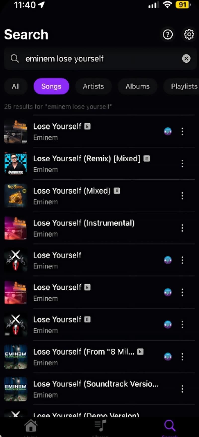 Verso search results with the Verso badge on Lose Yourself